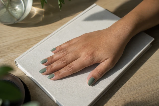 Soft sage almond Christmas nails on a woman’s full hand