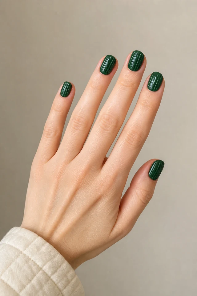 Forest green ribbed sweater nails on short oval nails with a relaxed open-fan pose, fair skin, and a cream cuff in natural daylight