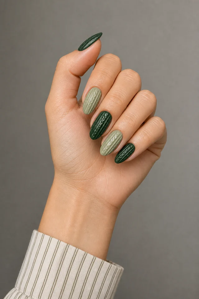 Alternating forest green and sage cable sweater nails on almond nails with softly curled fingers, light olive skin, and a striped cuff in natural daylight
