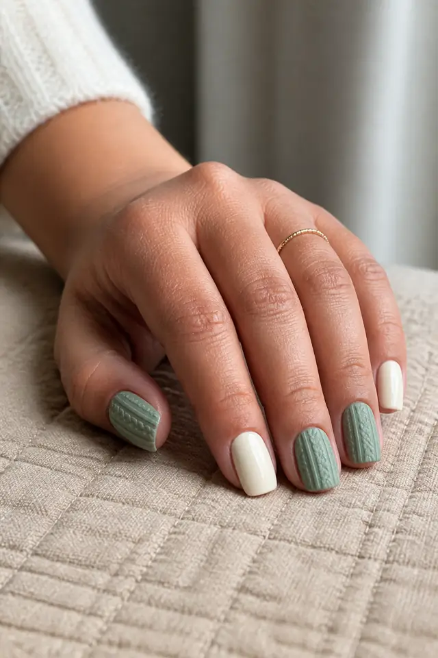 Sage green and cream accent sweater nails on short squoval nails with fingertip-rest pose, medium olive skin, and a quilted cuff in natural daylight