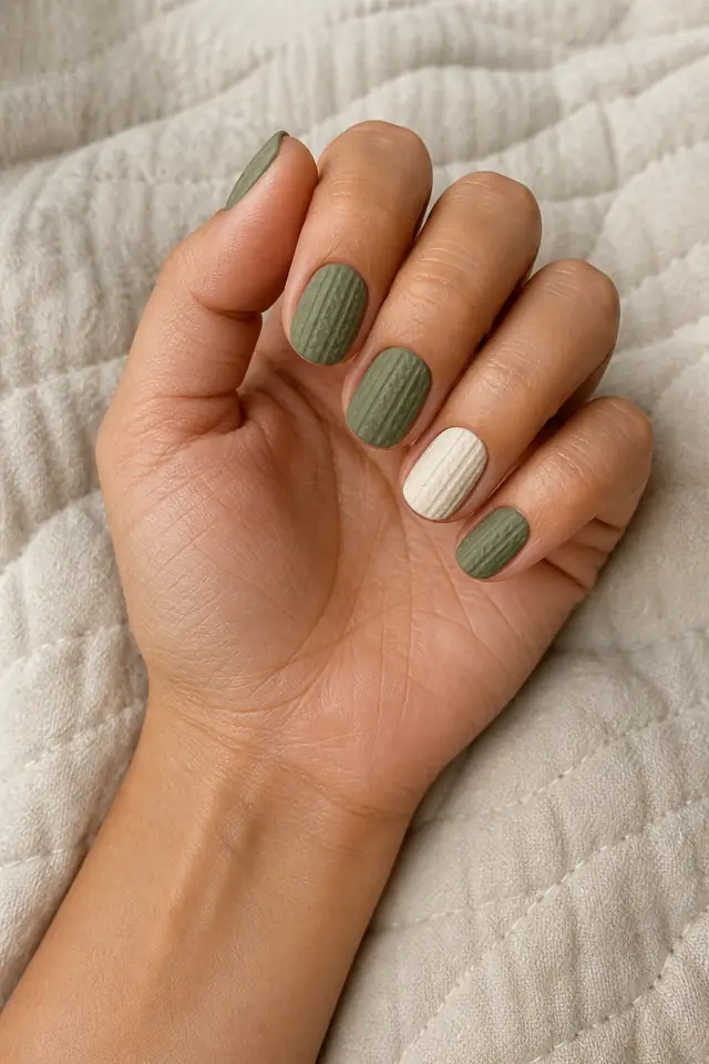 Matte olive ribbed sweater nails with one cream accent on medium oval nails, tan skin, a palm-and-knuckle pose, and quilted fabric in natural daylight