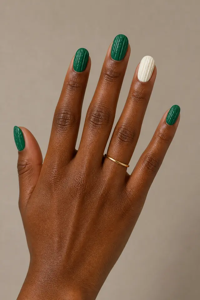 Rich emerald and cream ribbed sweater nails on long oval nails with an open-fan pose, deep brown skin, a delicate gold ring, and a quilted cuff in natural daylight