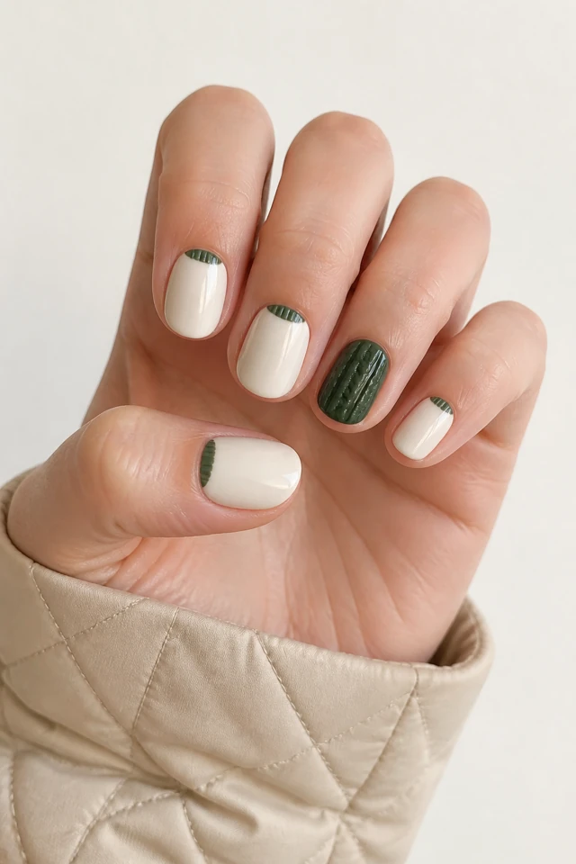 Cream sweater nails with forest green accent detail on short rounded nails, light skin, a relaxed curved pose, and a quilted cuff in natural daylight