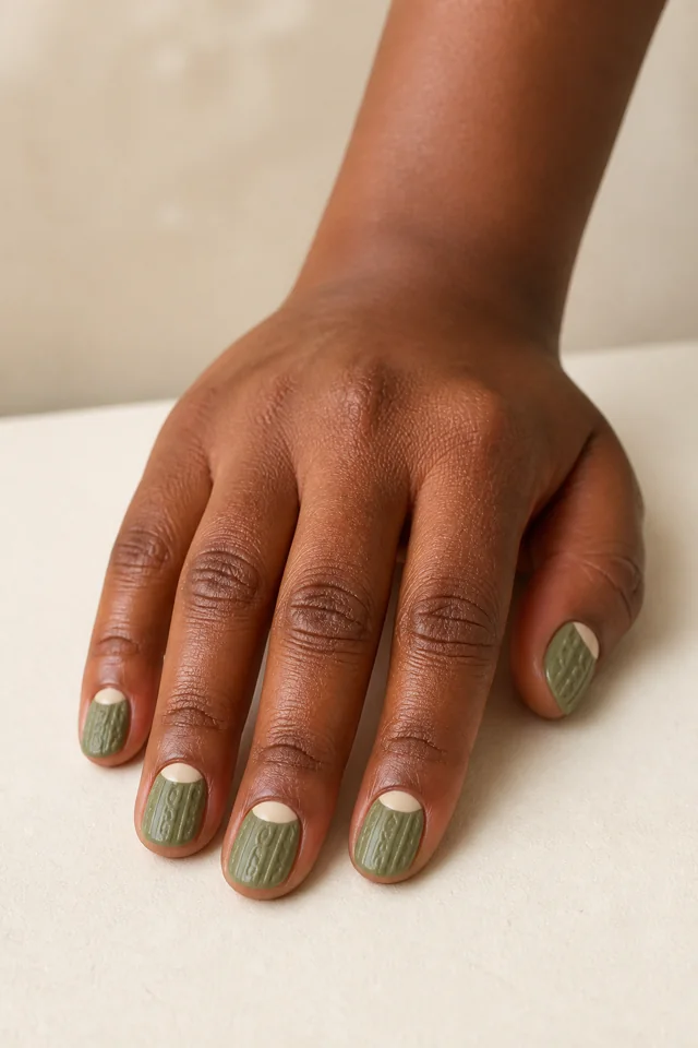 Eucalyptus green cable sweater nails with cream half-moon accents on long oval nails, rich dark skin, a fingertip-rest pose, and a soft textile background in natural daylight