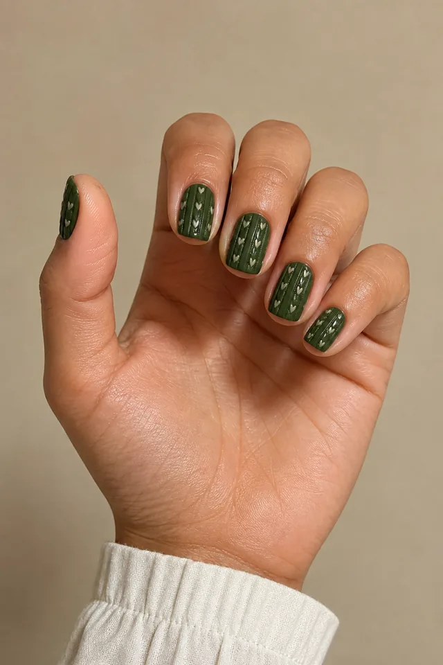 Moss green ribbed sweater nails with cream knit dots on short squoval nails, medium skin, a palm-up knuckle pose, and a cream cuff in natural daylight