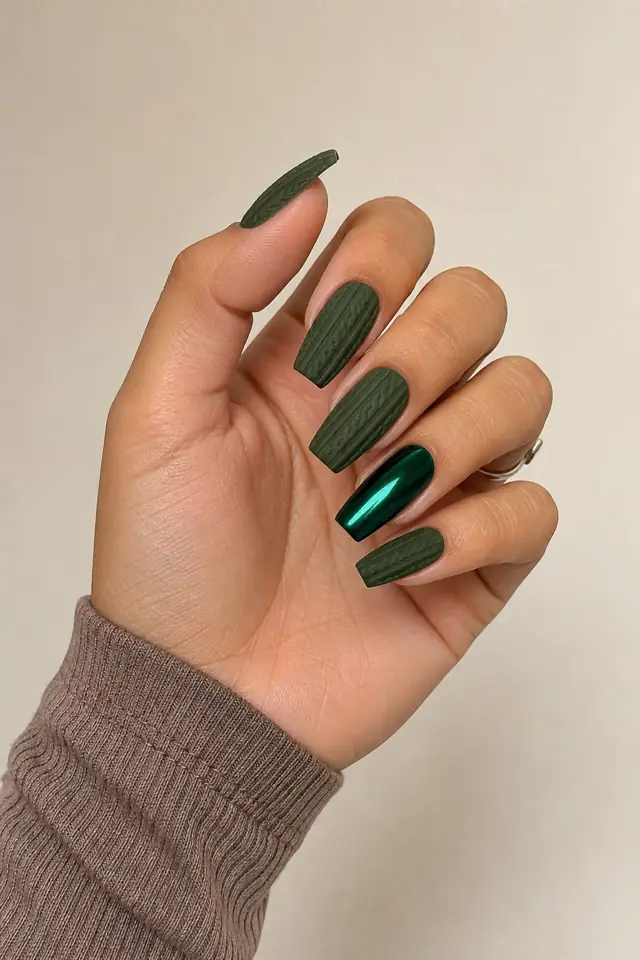Olive matte cable sweater nails with an emerald accent on medium oval nails, tan skin, softly curled fingers, a taupe cuff, and a delicate ring in natural daylight