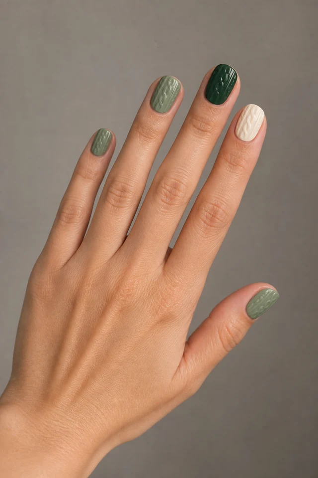 Sage and pine alternating cable sweater nails with one cream accent on long almond nails, light olive skin, a diagonal side display, and natural daylight