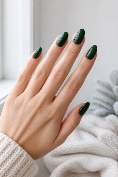 Glossy forest green almond nails on a fair skin tone hand in a relaxed diagonal fan pose with visible wrist and short partial forearm, natural daylight