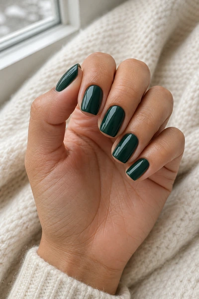 Glossy pine green squoval nails on a medium skin tone hand in a softly curled pose with visible wrist and short partial forearm, natural daylight