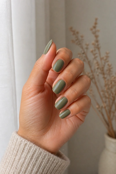 Muted moss green oval nails on a tan skin tone hand in a gentle pinch pose with visible wrist and short partial forearm, natural daylight