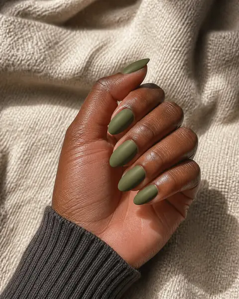 Matte olive green medium almond nails on a rich dark brown skin tone hand in a natural softly curled pose with a charcoal taupe ribbed cuff, visible wrist and short partial forearm, natural daylight