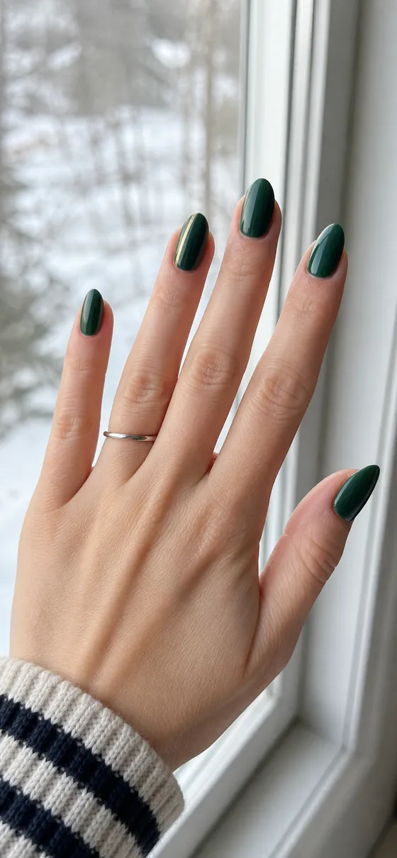 Glossy jade green medium oval almond nails with one fine antique-gold accent on a fair neutral skin tone hand in a natural softly curled pose with an ivory ribbed cuff, visible wrist and short partial forearm, natural daylight