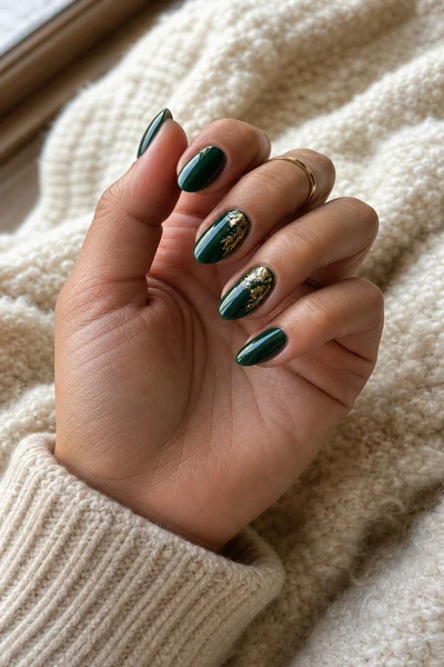 Forest green nails with gold foil accents on a medium olive skin tone hand in a softly curled pose with visible wrist and short partial forearm, natural daylight