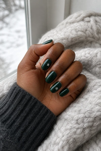 Deep green nails with tiny silver star accents on a deep brown skin tone hand in a relaxed side angle with visible wrist and short partial forearm, natural daylight