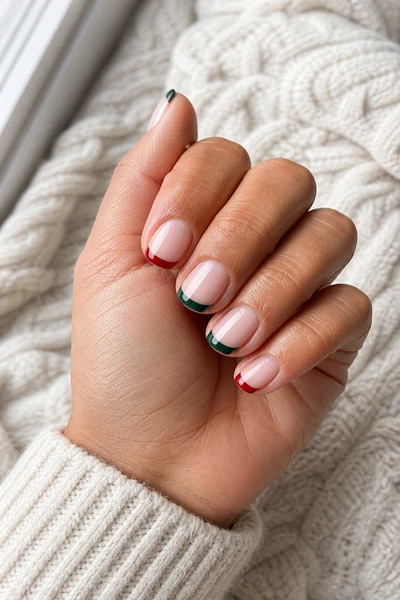 Red and green French tip nails on a tan skin tone hand in a relaxed knuckle angle with visible wrist and short partial forearm, natural daylight