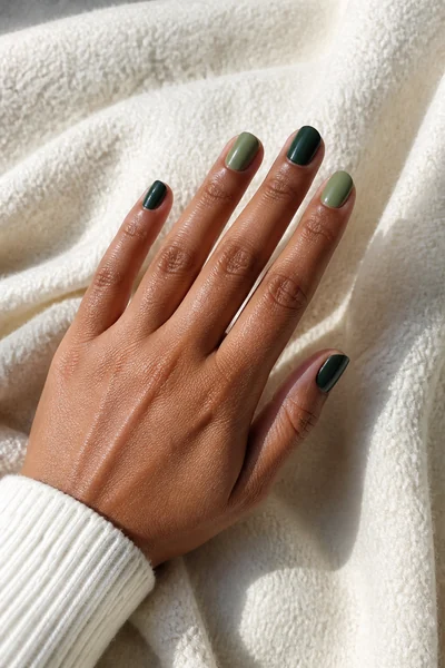 Alternating sage and pine green short oval nails on a medium deep skin tone hand in a palm-down three-quarter pose with visible wrist and short partial forearm, natural daylight