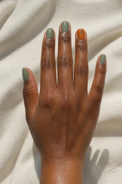 Sage and pumpkin harvest manicure on short square nails with glossy finish, relaxed diagonal hand pose, light olive skin tone