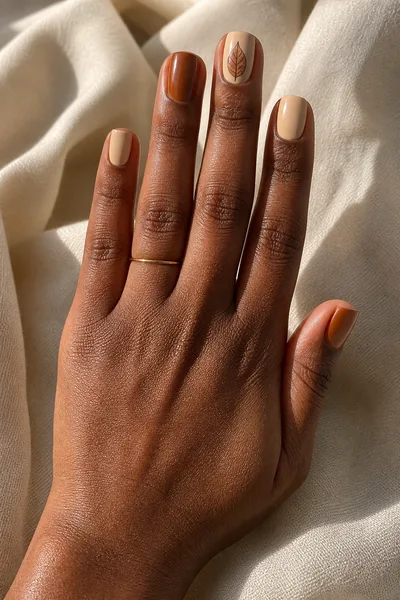 Caramel leaf harvest manicure on short round nails with glossy finish, relaxed hand pose, deep brown skin tone