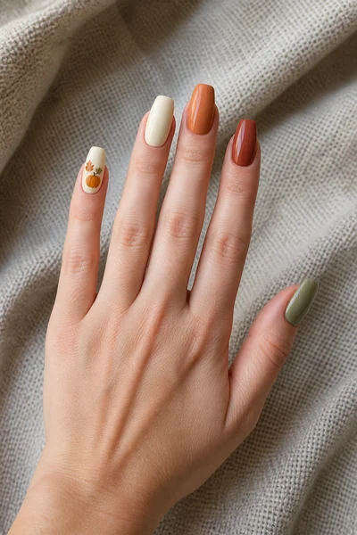 Harvest pumpkin and leaf nail scene on long almond nails with glossy finish, diagonal hand pose, rich dark brown skin tone