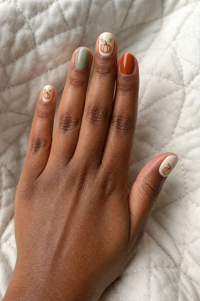 Mini harvest pumpkin illustrations on short square nails with glossy finish, open hand pose, fair skin tone