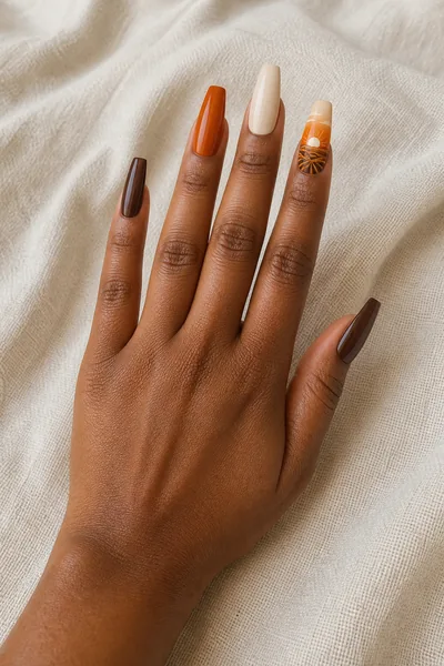 Cocoa and harvest sunset nails on long coffin shape with glossy finish, angled hand pose, light olive skin tone