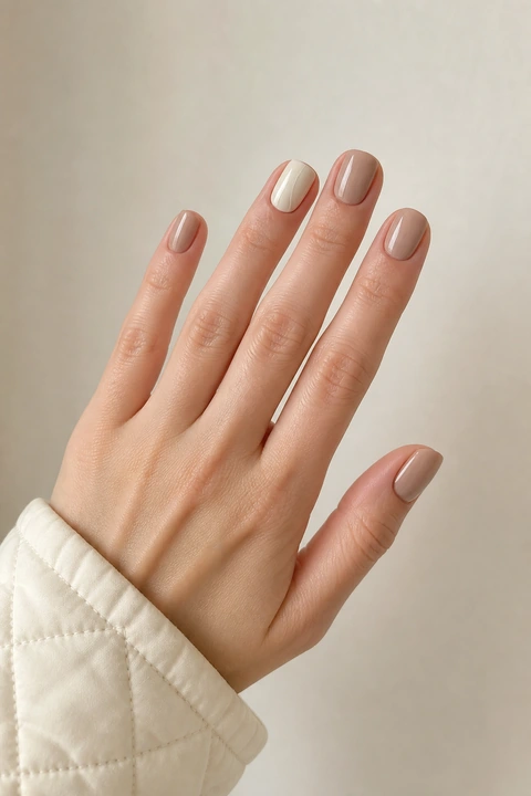 Warm oatmeal beige glossy short rounded-square winter nails with a creamy accent on a fair skin tone, shown on one relaxed hand with a quilted cuff and connected short wrist