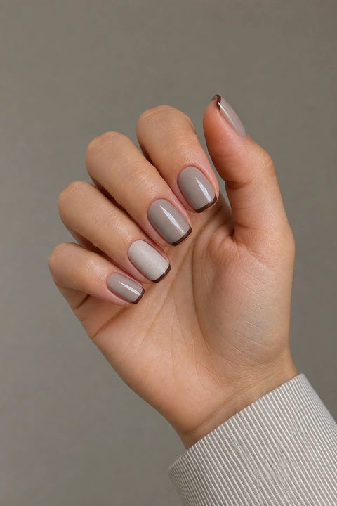Greige taupe glossy short squoval winter nails with cocoa tips on a light olive skin tone, shown on one softly curled hand with a narrow stripe cuff and connected short wrist