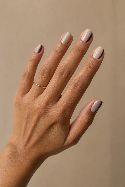 Creamy nude and soft beige glossy short oval winter nails with espresso side tips on a medium skin tone, shown on one side-angled hand with a tiny gold ring and connected short wrist