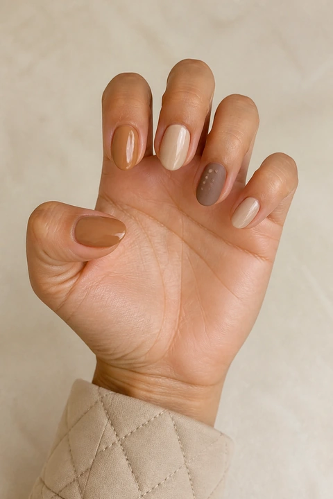 Caramel nude and creamy beige glossy short almond winter nails with a matte taupe accent on a tan skin tone, shown on one palm-up hand with a quilted cuff and connected short wrist
