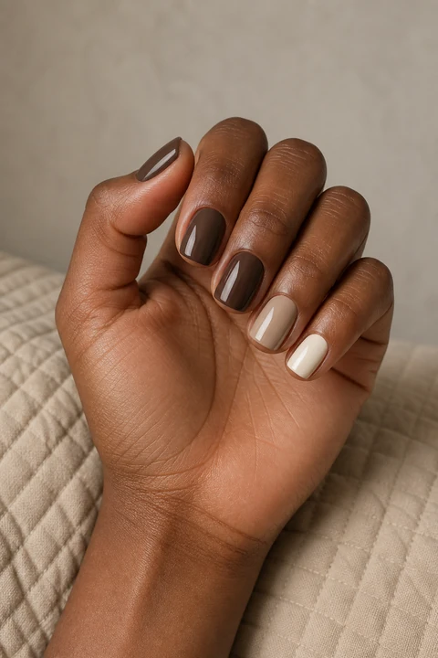 Rich mocha brown and warm cream glossy short squoval winter nails on a deep brown skin tone, shown on one fingertip-rest hand with a quilted textile and connected short wrist