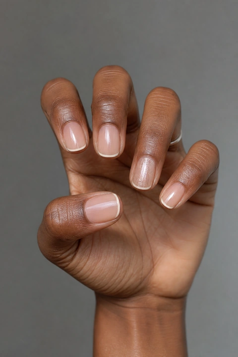 Sheer latte nude glossy short rounded nails with ivory tips and a champagne accent on a rich dark brown skin tone, shown on one knuckle-forward hand with a tiny silver ring and connected short wrist