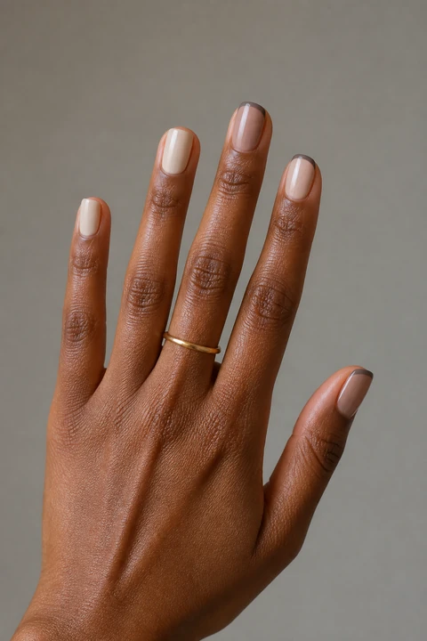 Sandstone nude and creamy beige glossy short rounded-square winter nails with charcoal taupe tips on a medium-deep brown skin tone, shown on one upright hand with a tiny gold ring and connected short wrist