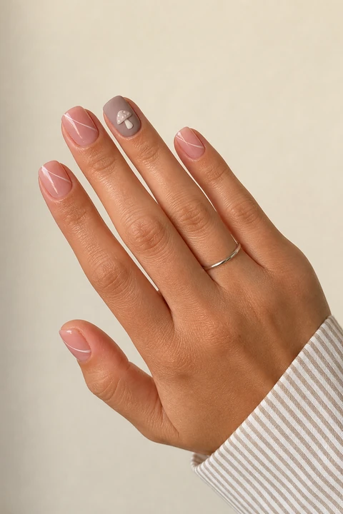 Soft beige pink glossy short rounded-square winter nails with white diagonal lines and a mushroom accent on a medium skin tone, shown on one quiet-wave hand with a striped cuff and connected short wrist