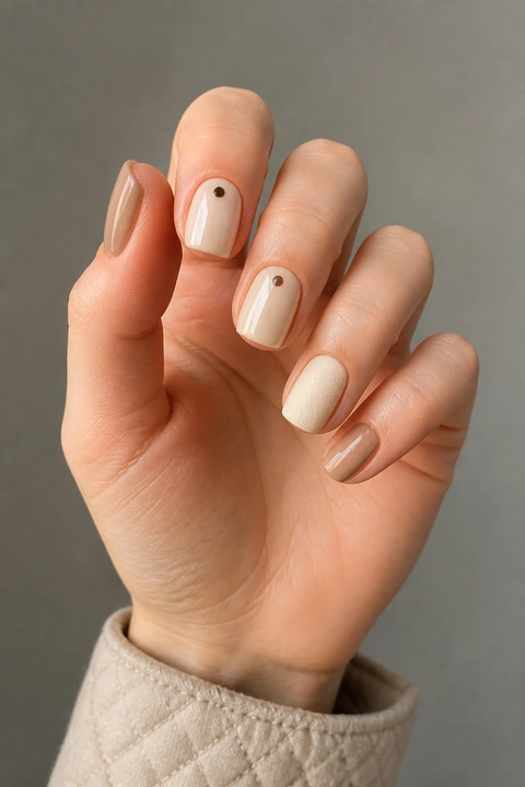 Cappuccino beige and ivory glossy short squoval winter nails with espresso dot accents on a light skin tone, shown on one fingertip-arc hand with a quilted cuff and connected short wrist