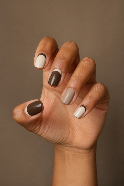 Soft ivory and espresso glossy short oval winter nails with reverse French curves and a matte beige accent on a medium warm brown skin tone, shown on one tilted hand with a connected short wrist