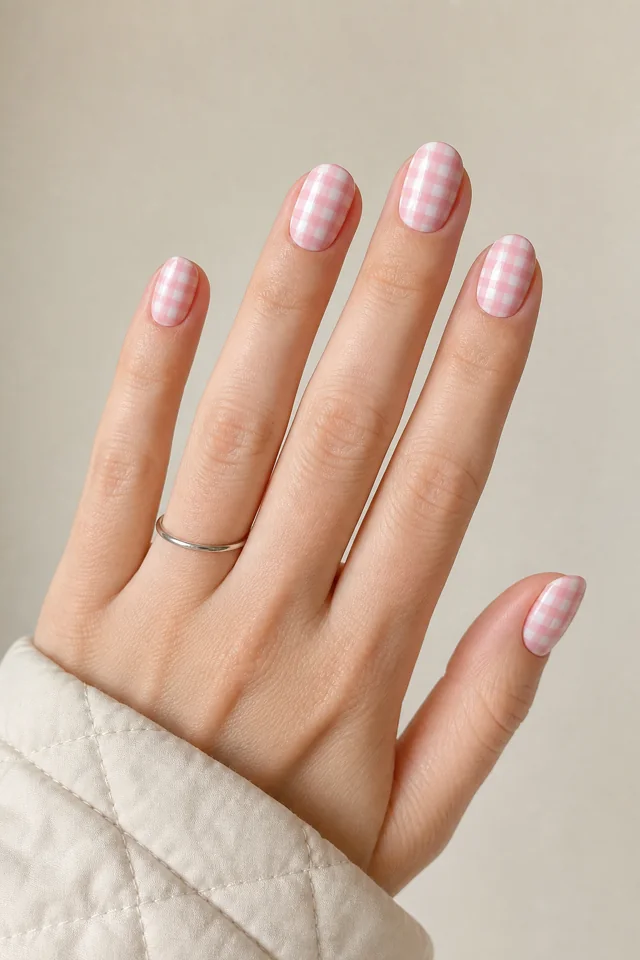 Blush pink gingham over a milky base on short oval nails, glossy finish, fair skin, hand resting in natural daylight with connected forearm