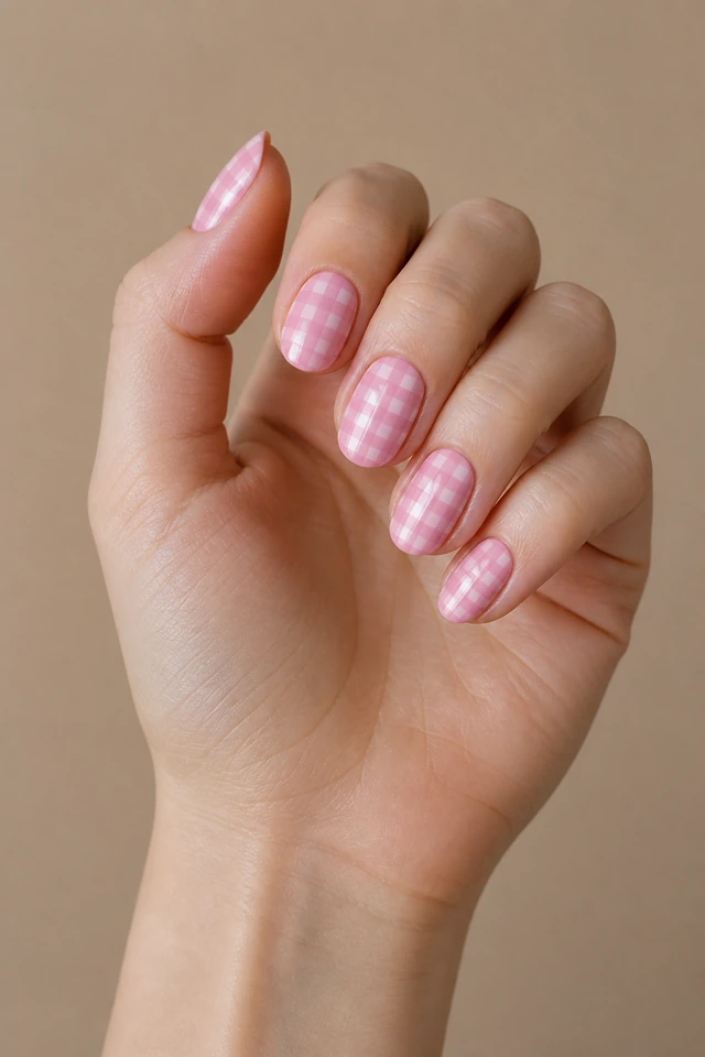 Rosewater pink windowpane checks on medium almond nails, glossy finish, light skin, hand angled toward soft window light with visible wrist