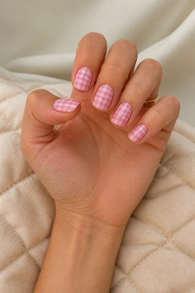 Pink candy gingham on short soft-square nails, glossy finish, olive skin, hand posed with connected wrist and forearm in daylight