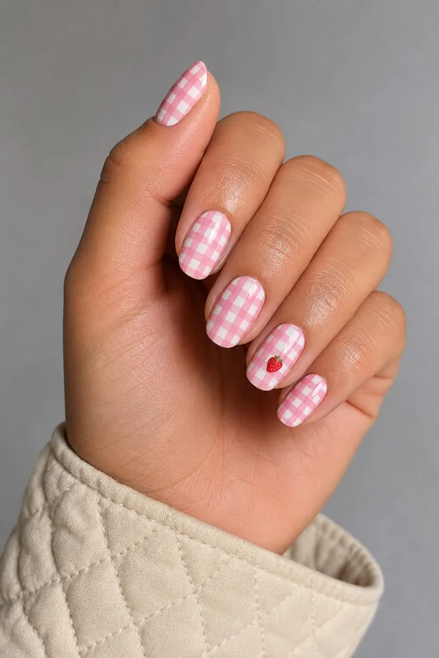 Strawberry blush gingham with a tiny fruit accent on rounded nails, glossy finish, medium skin, hand lifted in soft daylight with connected wrist