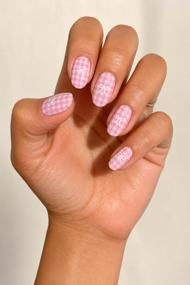 Pink gingham checks with a white ribbon detail on medium oval nails, glossy finish, tan skin, relaxed hand pose in natural window light with visible forearm