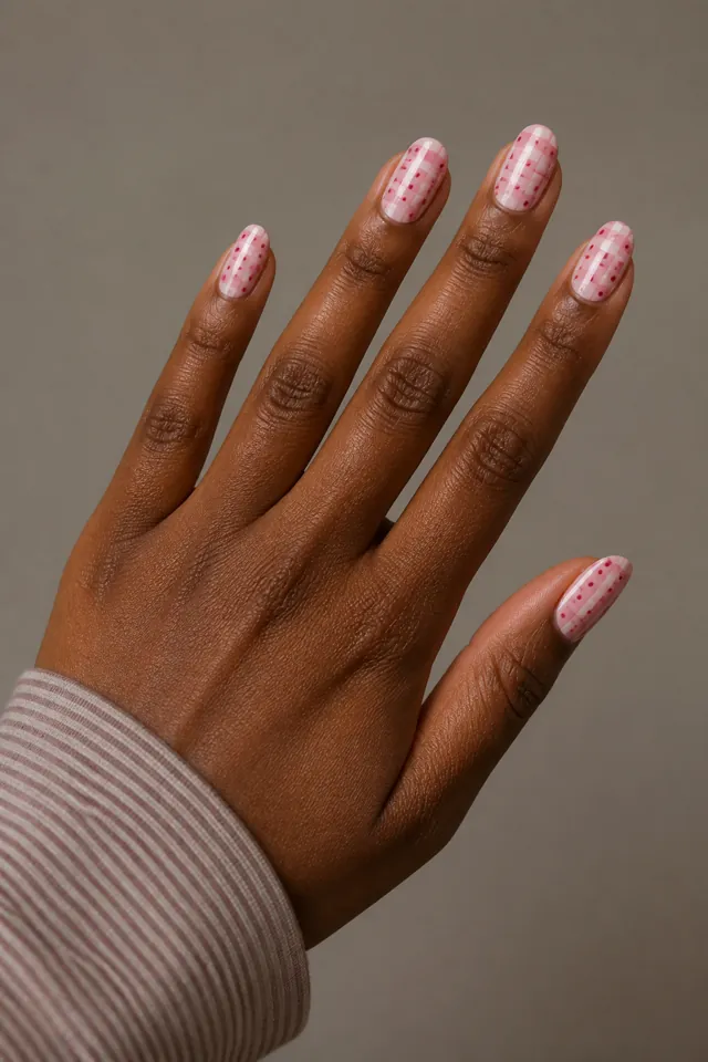 Rose pink gingham with tiny dot accents on short squoval nails, glossy finish, deep brown skin, hand turned toward daylight with connected forearm
