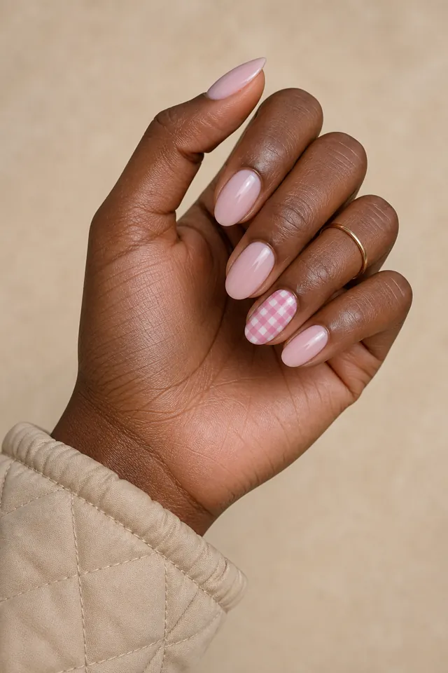 One pink gingham accent among sheer nude nails, rounded shape and glossy finish, rich dark skin, hand resting in daylight with connected wrist and forearm