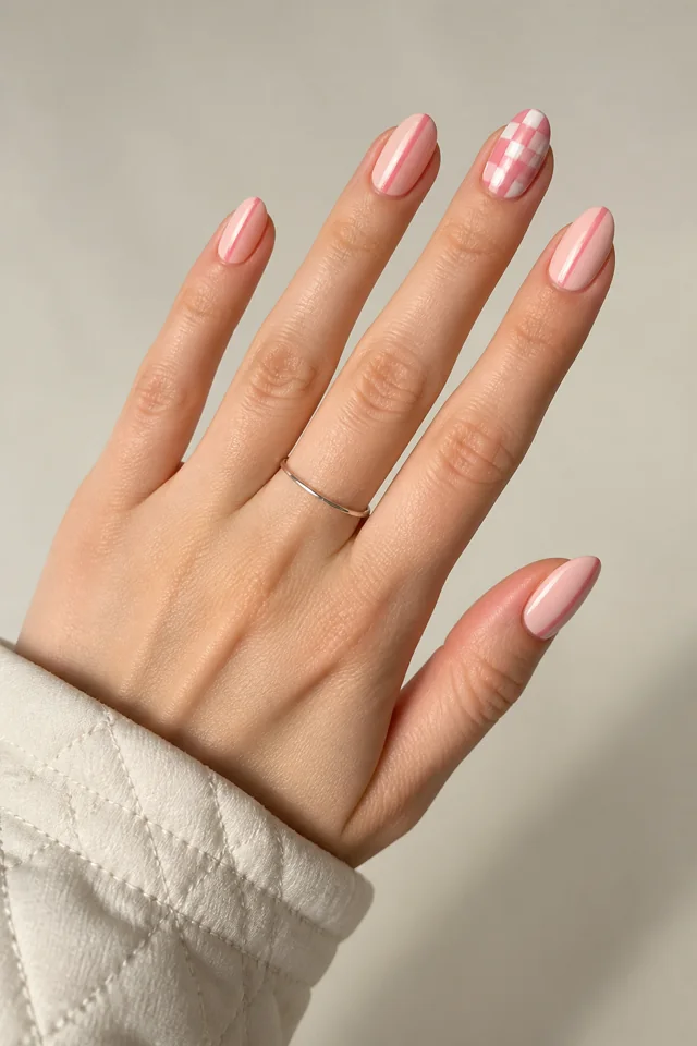 Pink gingham accent with alternating pink stripe nails on medium almond nails, glossy finish, fair skin, hand angled in soft daylight with visible forearm