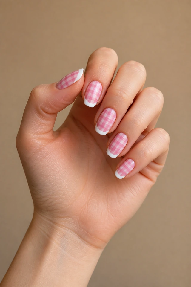 Pink gingham concentrated along French tips on short almond nails, glossy finish, medium olive skin, hand raised in natural window light with connected wrist