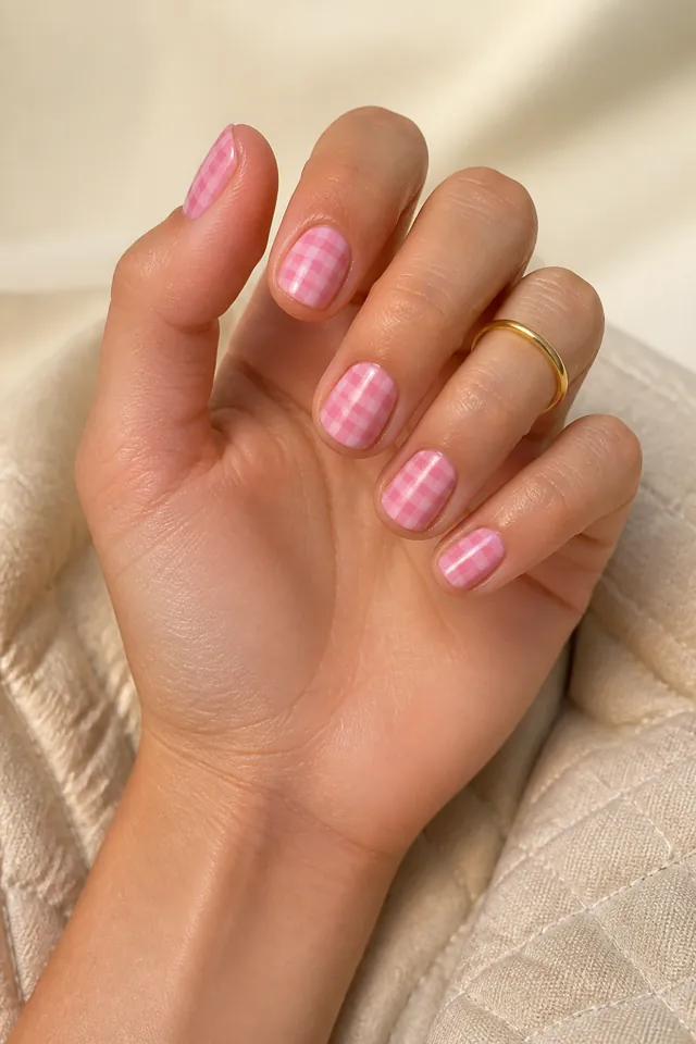 Short glossy pink gingham on rounded nails, bright finish, light brown skin, hand resting beside connected forearm in natural daylight
