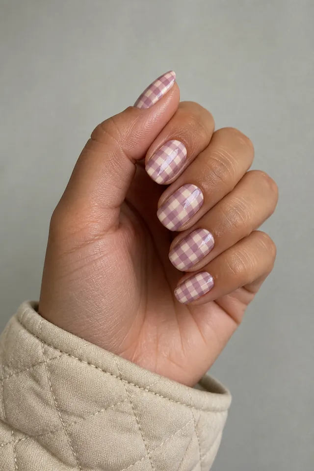 Mauve pink gingham with cream negative space on medium square nails, soft glossy finish, deep brown skin, hand posed in window daylight with visible wrist