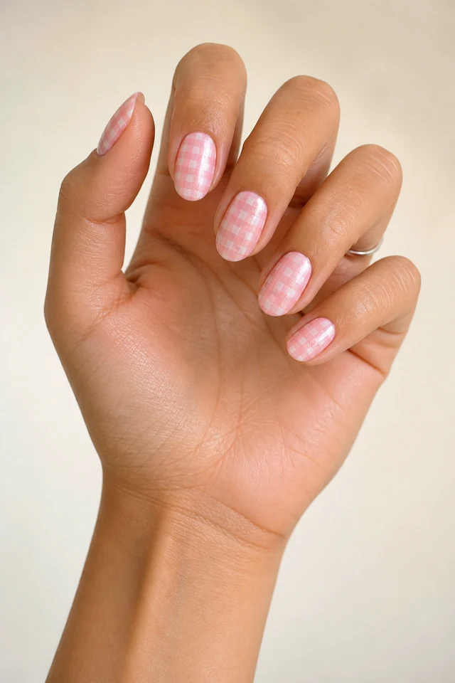 Pink chrome gingham checks on almond nails, reflective glossy finish, tan skin, hand turned toward natural window light with connected forearm
