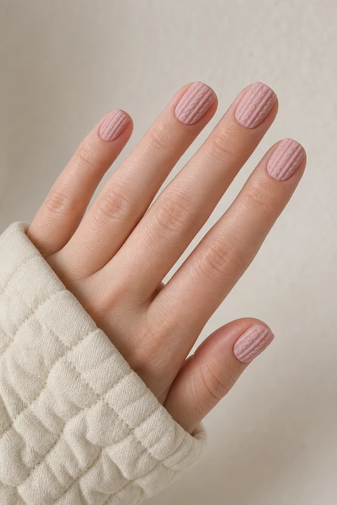 Blush pink raised ribbed sweater texture on short rounded-square nails, soft daylight hand pose, fair skin, satin finish
