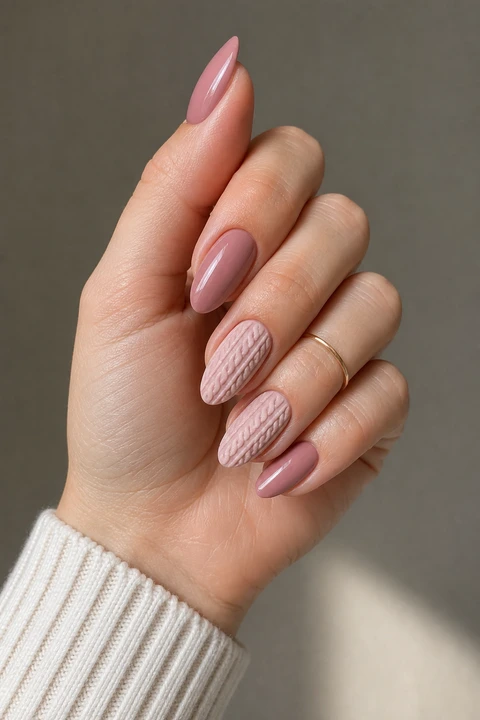 Dusty rose glossy nails alternating with raised knit texture on medium oval nails, natural daylight hand pose, light skin, mixed gloss and satin finish