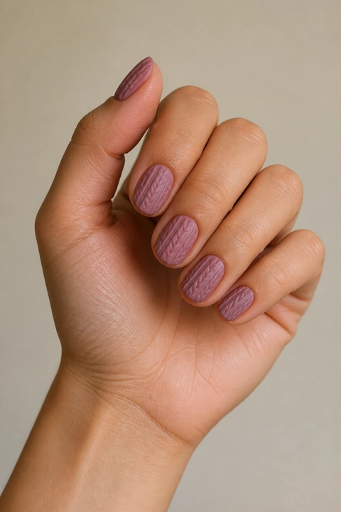Mauve pink cable-knit texture on short oval nails, soft daylight hand pose, light olive skin, satin finish
